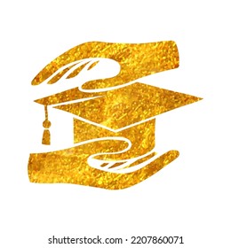 Hand Drawn Hand Holding Diploma Icon In Gold Foil Texture Vector Illustration