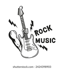 Hand drawn of hand holding electric guitar rock music band. Illustration, Poster, Postcard, Vector , Tshirt, ceramic.