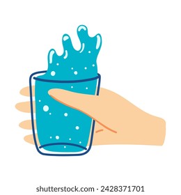 Hand drawn hand holding glass of water. Concept of hydration, drink more water
