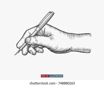 Hand drawn hand holding ink pen.  Template for your design works. Engraved style vector illustration.