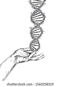 Hand drawn hand holding large DNA spiral, vector illustration