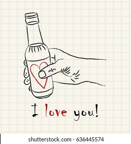 Hand drawn hand holding a lovely bottle on mathematical square paper