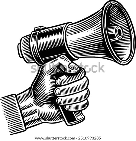 Hand drawn Hand Holding Megaphone Speaker. Announcement. Hand Sign. Hand Gesture Sketch Illustration Engraving Woodcut Vintage Style Vector Line Art