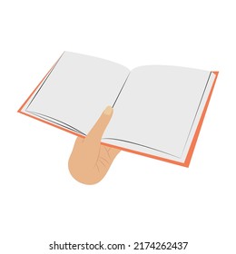 Hand drawn hand holding a open book in flat style, isolated vector illustration