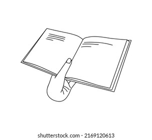 Hand drawn hand holding a opened book in line style, isolated vector illustration