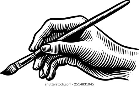 Hand drawn Hand Holding Paintbrush Sketch Illustration Engraving Woodcut Vintage Style Vector Line Art