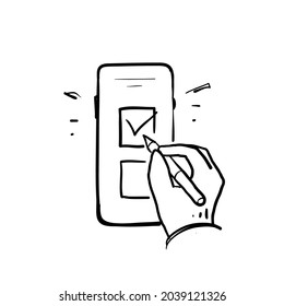 hand drawn hand holding pen on smartphone symbol for online vote or online survey illustration vector