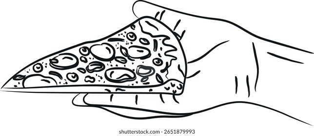 Desenhado à mão de uma mão segurando o desenho do esboço da fatia da pizza. Ilustração vetorial