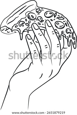 Hand drawn of a hand holding pizza slice outline sketch drawing. Vector illustration