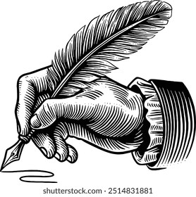 Hand drawn Hand Holding Quill Pen Sketch Illustration Engraving Woodcut Vintage Style Vector Line Art