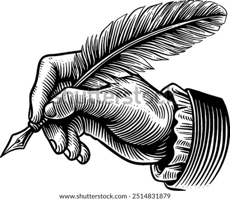 Hand drawn Hand Holding Quill Pen Sketch Illustration Engraving Woodcut Vintage Style Vector Line Art