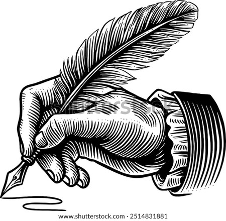 Hand drawn Hand Holding Quill Pen Sketch Illustration Engraving Woodcut Vintage Style Vector Line Art