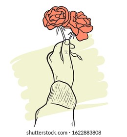 Hand drawn hand holding rose vector illustration.