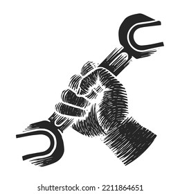 Hand drawn hand holding spanner wrench wood engraving vector illustration