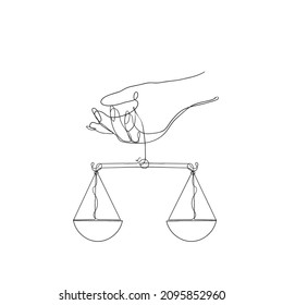 hand drawn hand holding weight scale symbol for world day of social justice in continuous line drawing