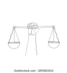 hand drawn hand holding weight scale symbol for world day of social justice in continuous line drawing