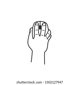 Hand drawn Hand holds PC mouse isolated on a white. Sketch. Vector illustration.