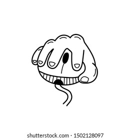 Hand drawn Hand holds PC mouse isolated on a white. Sketch. Vector illustration.