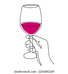 Mano dibujada a mano sostiene el cristal de vino de una línea de arte,contorno continuo de dibujo.Saludos de la decoración festiva para las vacaciones,diseño romántico del Día de San Valentín.Acto editable. Isolated.Vector ilustración