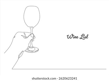 Hand drawn hand holds wine glass one line art,continuous drawing contour.Cheers toast festive decoration for holidays,romantic Valentine's Day design.Editable stroke.