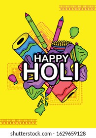 Hand drawn Holi elements with highlighted Happy Holi text for Indian festival Holi.