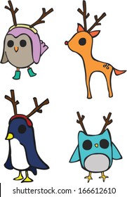 Hand Drawn Holiday animals with antlers, bird, owl, reindeer, penguin, woodland, cute, invitation, greeting card, funny, winter, character, boots, dress up, illustration, collection, cartoon, colored