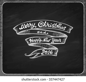 Hand Drawn Holiday Background with "Merry Christmas and Happy New Year 2016" Lettering on Ribbon. Vector Illustration.
