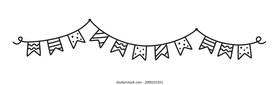 Hand drawn holiday bunting. Doodle birthday garland of flags. Children doodle drawing. Isolated vector illustration on white background.