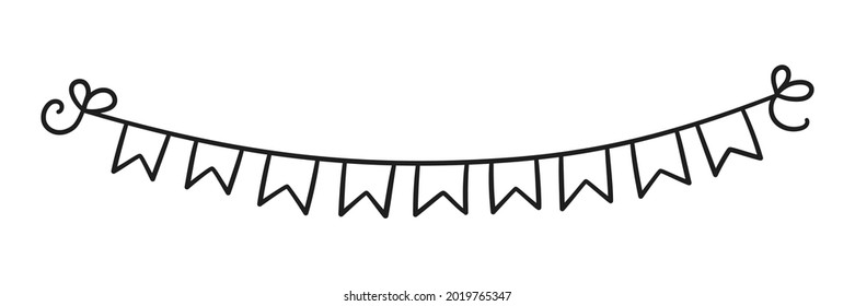 Hand drawn holiday bunting. Doodle birthday garland of flags. Children doodle drawing. Isolated vector illustration on white background.