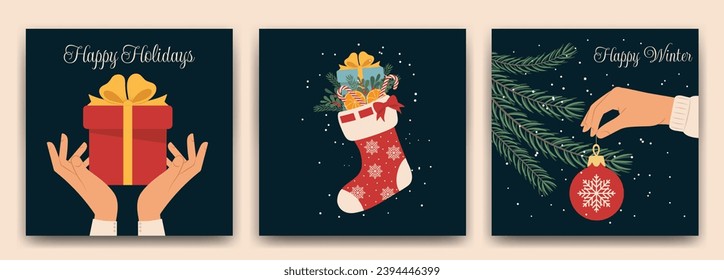 Hand drawn holiday cards with New Year and Christmas flat illustrations. Merry Christmas and Happy New Year Set of template greeting card, invitation, poster.