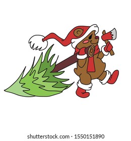 Hand drawn. Holiday. A cheerful bear in a hat and scarf drags a felled Christmas tree on his shoulder and his second arm is holding an axe.