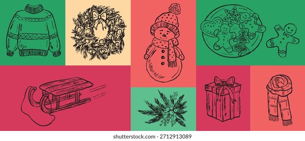 Collage de vacaciones dibujado a mano con suéter, corona, muñeco de nieve, galletas, trineo, acebo, regalo y bufanda. Ilustración de boceto de Vector en estilo vintage de carbón de crayón. Diseños de Navidades alegres y acogedores