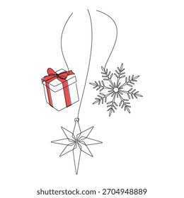 Vector de decoración navideña dibujado a mano. Copo de nieve, bola de árbol de Navidad chuchería línea de estrella de dibujo continuo. Icono de la caja de regalo, ilustración festiva de la decoración, impresión, Anuncio, tarjeta, cartel, muestra, símbolo, ornamento.