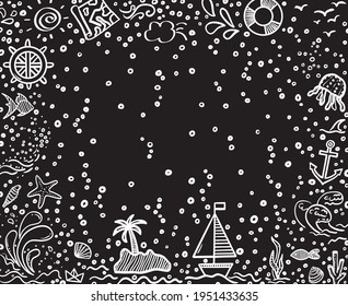 Hand drawn holiday elements in framed background. Summer relax. Freehand frame. Signs and symbols. Black and white illustration