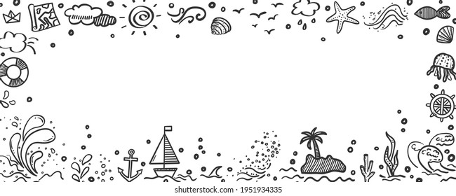 Hand drawn holiday elements in framed background. Summer relax. Freehand frame. Signs and symbols. Black and white illustration