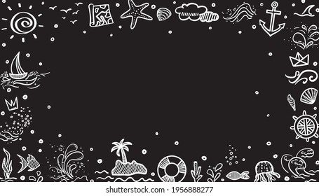 Hand drawn holiday elements in framed background. Summer relax. Freehand frame. Signs and symbols. Black and white illustration