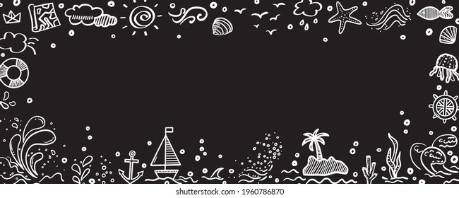 Hand drawn holiday elements in framed background. Summer relax. Freehand frame for holidays. Signs and symbols. Black and white illustration