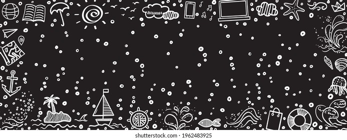 Hand drawn holiday elements in framed background. Summer relax. Freehand frame for holidays. Black and white illustration