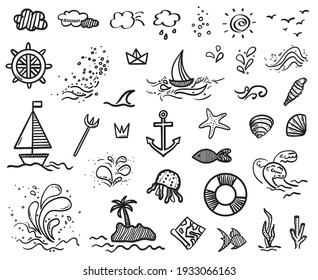 Hand drawn holiday elements on isolated background. Sketchy doodles on white. Summer holidays. Signs and symbols. Black and white illustration