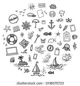 Hand drawn holiday elements on isolated background. Summer holidays. Signs and symbols. Freehand art. Black and white illustration