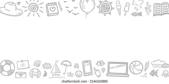 Hand drawn holiday elements on white. Summer holidays. Freehand web banner. Elements are drawn in a linear style. Black and white illustration
