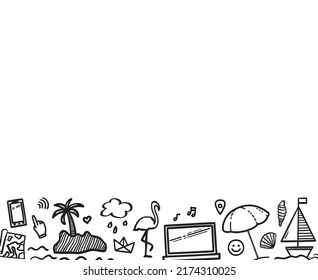 Elementos de vacaciones dibujados a mano sobre un fondo aislado. Doodles de color blanco. Vacaciones de verano. Señales y símbolos. Simple pancarta. Ilustración en blanco y negro