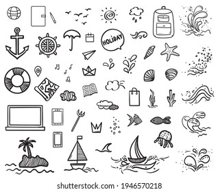 Elementos de vacaciones dibujados a mano. Doodles esquemáticos. Vacaciones de verano. Señales y símbolos a mano libre. Ilustración en blanco y negro