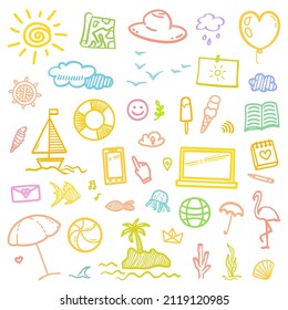 Hand drawn holiday elements. Summer holidays. Freehand signs and symbols