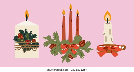 Hand drawn holiday flat vector candles. Christmas and Thanksgiving candles. Decoration for home, holiday, Merry Christmas, and New Year