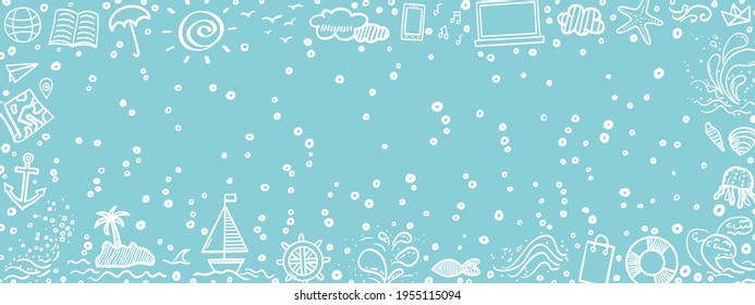 Hand drawn holiday frame. Line freehand elements. Colorful doodle. Summer holidays. Freehand signs and symbols in frame