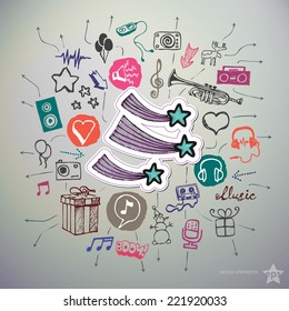 Hand drawn holiday icons set and sticker with flying stars. Vector