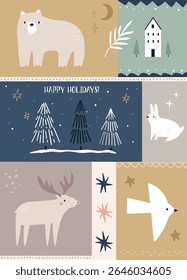 Hand drawn Holiday Illustration for Christmas and New Year. Whimsical Winter Holiday Card Design with Bear, Rabbit, Moose and Evergreen Trees