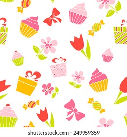 Hand drawn holiday items, seamless pattern on white background. Vector illustration.