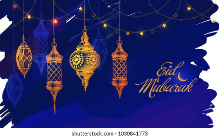 Hand drawn holiday lanterns. Illustration of Eid mubarak. Beautiful islamic and arabic Lanterns and calligraphy wishes. Greeting moubarak and mabrok for Muslim Community festival.